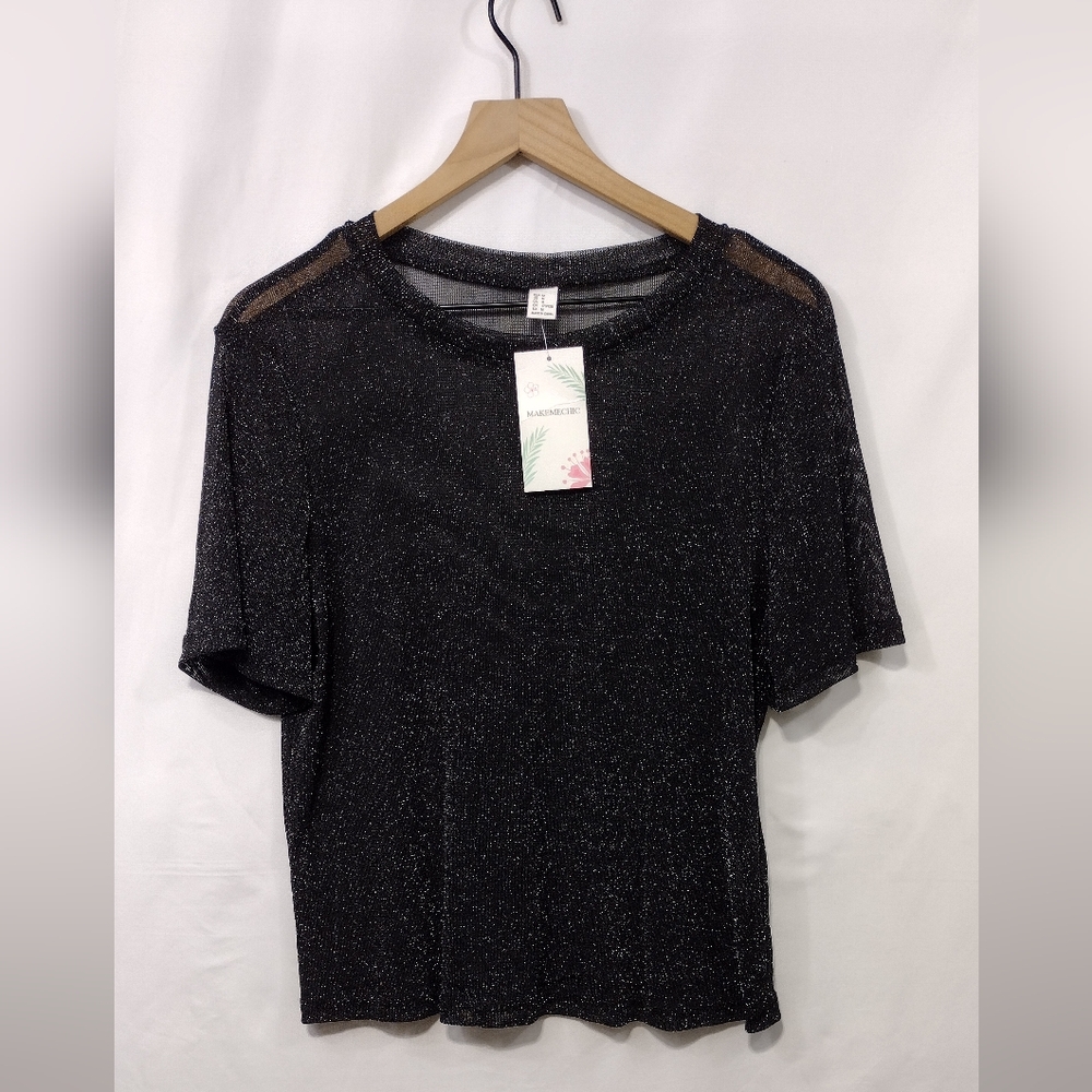 NWT Makemechic Metallic Sheer Top Women's M Black Gold Boho Retro Y2K Grunge 90s